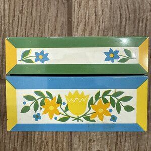 Vintage Mid-Century SYNDICATE MFG Floral Blue & Yellow Metal Recipe Box RARE!